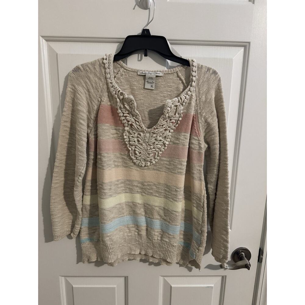 American Rag Cie Women's Striped Crochet Cottage Core Sweater Pink Blue XL